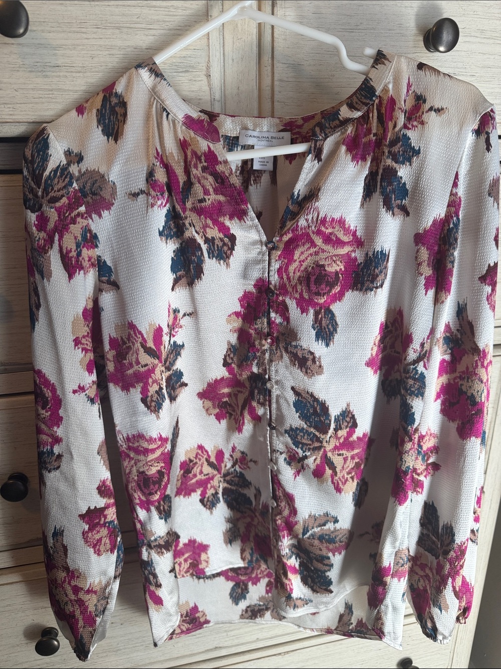Carolina Belle Cream silk Blouse with Magenta Floral Print